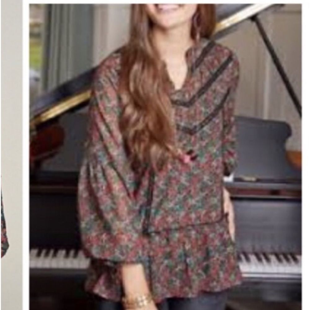 New with tags, Matilda Jane, red green and black floral blouse with lace trim-S
